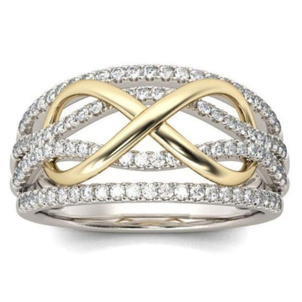 Silver and Yellow Gold Two Tone Braided Diamond AAA Cubic Zirconia Infinity Ring